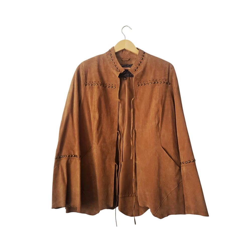 Chi by Falchi Boho Studded Tie Front Leather Jacket Brown Size Large